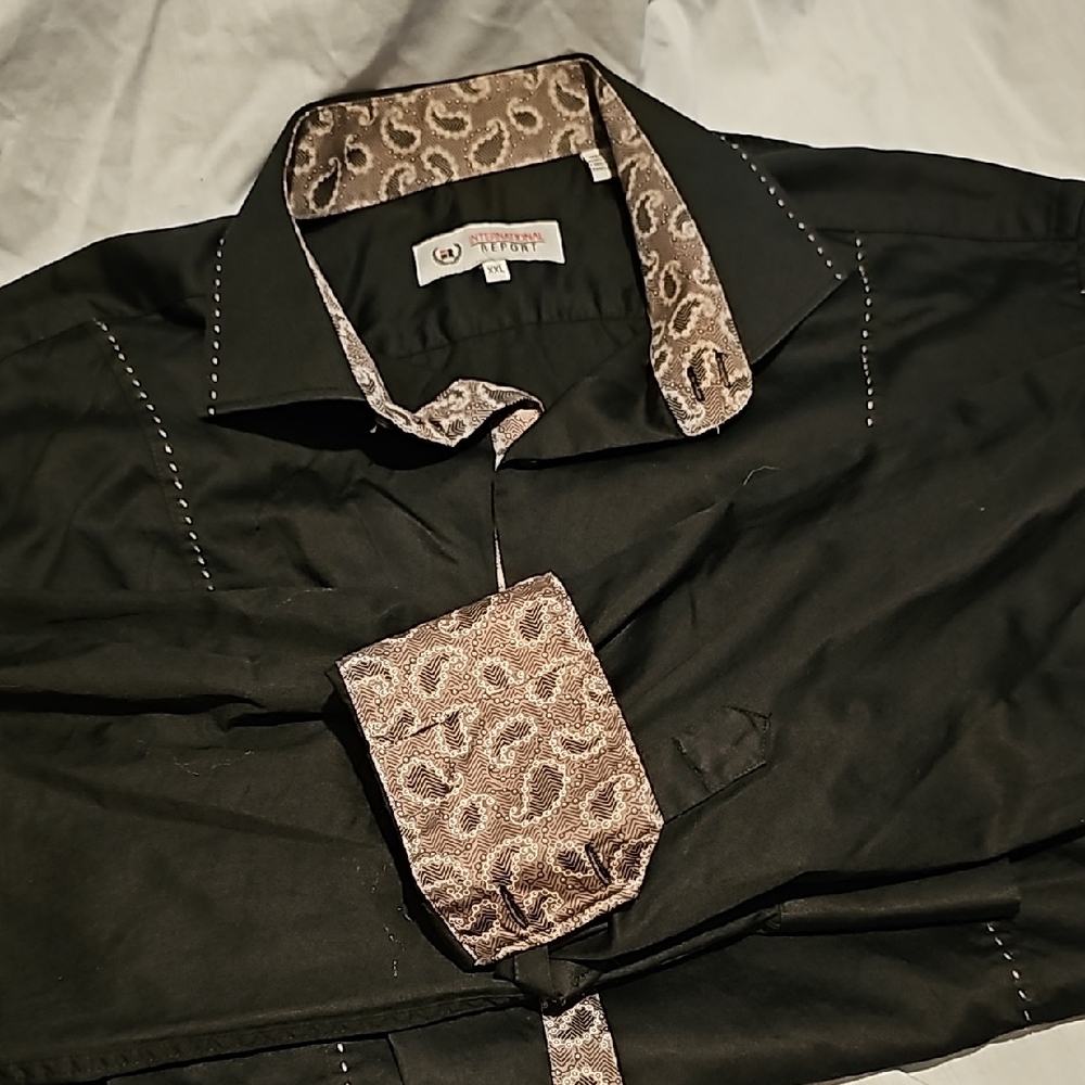 Men's Black and Patterned Trim Dress Shirt